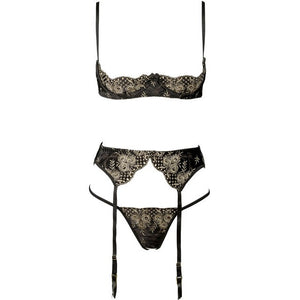 Embroidery Lingerie Thin Temptation Bra and Panty with Garters Sets Women Intimates 1/4 Cup Sexy Bra Crotchless Panties Set