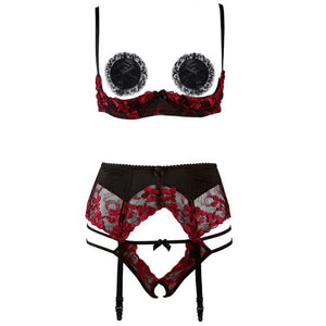 Embroidery Lingerie Thin Temptation Bra and Panty with Garters Sets Women Intimates 1/4 Cup Sexy Bra Crotchless Panties Set