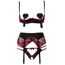 Load image into Gallery viewer, Embroidery Lingerie Thin Temptation Bra and Panty with Garters Sets Women Intimates 1/4 Cup Sexy Bra Crotchless Panties Set