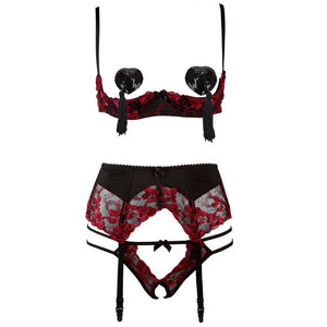 Embroidery Lingerie Thin Temptation Bra and Panty with Garters Sets Women Intimates 1/4 Cup Sexy Bra Crotchless Panties Set