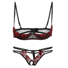 Load image into Gallery viewer, Embroidery Lingerie Thin Temptation Bra and Panty with Garters Sets Women Intimates 1/4 Cup Sexy Bra Crotchless Panties Set