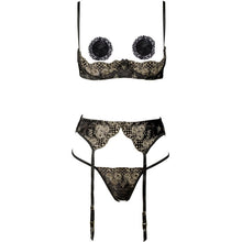 Load image into Gallery viewer, Embroidery Lingerie Thin Temptation Bra and Panty with Garters Sets Women Intimates 1/4 Cup Sexy Bra Crotchless Panties Set