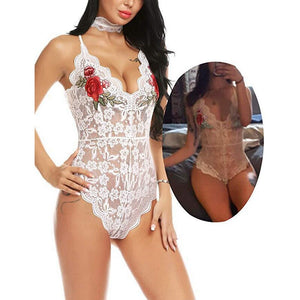 Embroidery Onesies for Adults Sexy Lace Deep V Womens Clothing Lingerie Onesie Backless SleepWear Hot Erotic Nighty rose