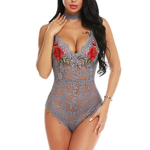 Embroidery Onesies for Adults Sexy Lace Deep V Womens Clothing Lingerie Onesie Backless SleepWear Hot Erotic Nighty rose