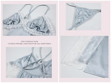 Load image into Gallery viewer, Erotic Babydolls Women Sexy Lingerie Set Satin Gauze Perspective Sweet Dot Bow Slit Nightdress Thong Set Slutty Nightgown Robe