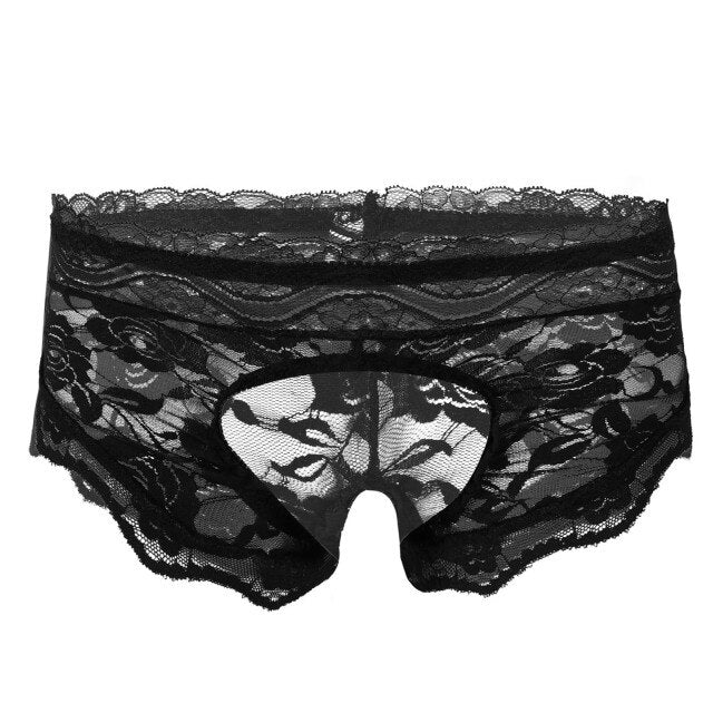 Erotic Lingerie Crotchless Panties for Mens See-through Sissy Gay Underwear Floral Lace Pattern T-Back Thong Briefs Underpants