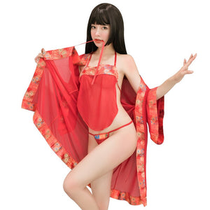 Erotic Lingerie Mesh Sexy Uniform Ancient Kimono Style Outer Robe Seduction Lingerie Cosplay Lingerie Anime Pink Lingerie