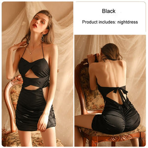 Erotic Lingerie Sexy Hollow Backless Mini Dresses Spaghetti Strap Pajamas Hanging Neck Suspender Nightdress Women&#39;s Homewear Set