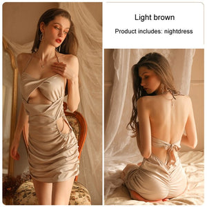 Erotic Lingerie Sexy Hollow Backless Mini Dresses Spaghetti Strap Pajamas Hanging Neck Suspender Nightdress Women&#39;s Homewear Set