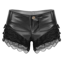 Load image into Gallery viewer, Erotic Sexy Shorts Pants Women PU Leather Lace Patchwork PU Leather Shorts Fashion Low Waist Button Sexy Pants Clubwear