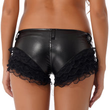 Load image into Gallery viewer, Erotic Sexy Shorts Pants Women PU Leather Lace Patchwork PU Leather Shorts Fashion Low Waist Button Sexy Pants Clubwear