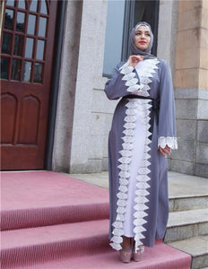 Europe And Middle East Leaves Lace Cardigan Women's Robe With Belt Without Turban Muslim Women's Home Comfort Robe Abaya