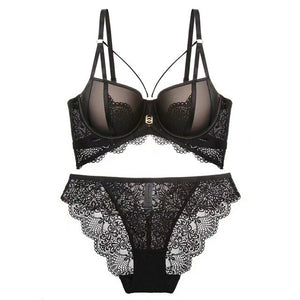 Europe Lace Flowers Embroidery Underwear Sexy Hollow Thicken 3/4 Cup Push Up Bra Set Women Plus Size Brassiere With Panties Sets