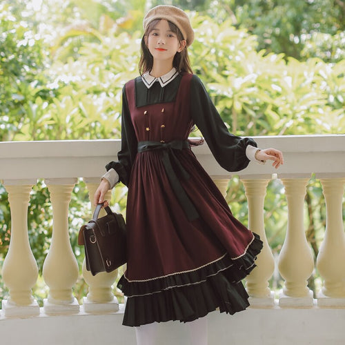 European American Retro JK Preppy Style Dress Women Sweet Cute Lolita Uniform Dress Fall Ruffled Puff Kawaii Dress Femme Autumn