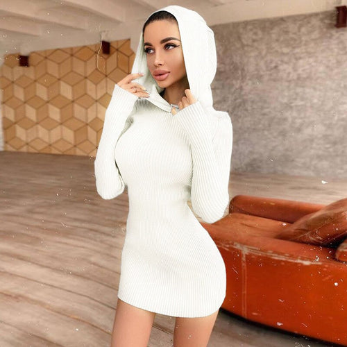 European and American fashion 2021 autumn/winter style temperament commuter knit pure color cotton hooded long sleeve wool short