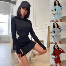 Load image into Gallery viewer, European and American fashion 2021 autumn/winter style temperament commuter knit pure color cotton hooded long sleeve wool short