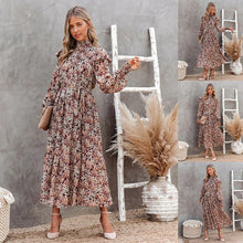 Load image into Gallery viewer, European and American new 2021 trend autumn and winter wish high collar small floral print long long-sleeve dress pleated