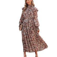 Load image into Gallery viewer, European and American new 2021 trend autumn and winter wish high collar small floral print long long-sleeve dress pleated