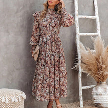Load image into Gallery viewer, European and American new 2021 trend autumn and winter wish high collar small floral print long long-sleeve dress pleated