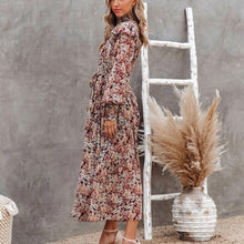 Load image into Gallery viewer, European and American new 2021 trend autumn and winter wish high collar small floral print long long-sleeve dress pleated