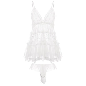 Evening Sexy Nightgowns Female Petals Mesh Dot Perspective Temptation Straps Nightdress Lingerie Midnight Sleepwear with Panty