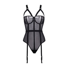 Load image into Gallery viewer, Exotic Apparel Striped Patchwork See Through Mesh Teddy Hot Transparent Jumpsuit Neon Lingerie Women Sexy Black Lace Body Suit