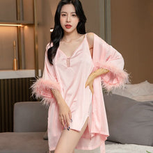 Load image into Gallery viewer, Exotic Kits White Satin Silky Patchwork Feather Cuffs Nightdress For Women Sexy V Neck Spaghetti Strap Sleep Dress+lace Up Robes