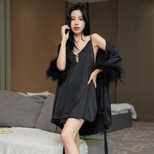 Load image into Gallery viewer, Exotic Kits White Satin Silky Patchwork Feather Cuffs Nightdress For Women Sexy V Neck Spaghetti Strap Sleep Dress+lace Up Robes