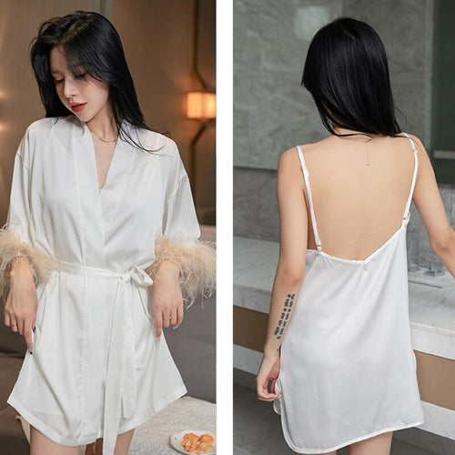 Exotic Kits White Satin Silky Patchwork Feather Cuffs Nightdress For Women Sexy V Neck Spaghetti Strap Sleep Dress+lace Up Robes