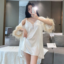 Load image into Gallery viewer, Exotic Kits White Satin Silky Patchwork Feather Cuffs Nightdress For Women Sexy V Neck Spaghetti Strap Sleep Dress+lace Up Robes