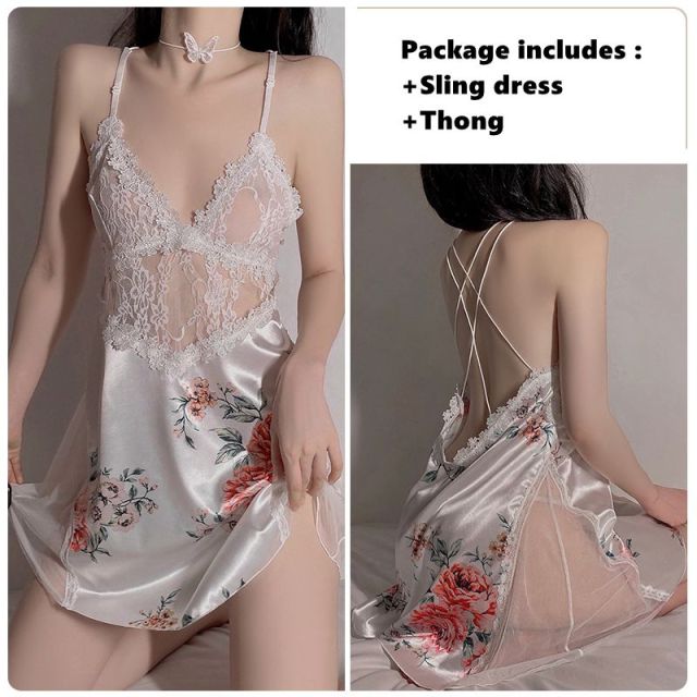 Exotic Women's Erotic Lingerie Sexy Deep V Lace Suspender Skirt See-through Backless Printed Nightdress Home Service Suit