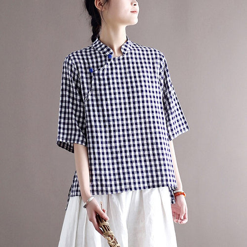 FairyNatural Ladies Plaid Blue Shirts And Tops 2021 Summer New Women Cotton Linen Stand Collar Retro Blouses Clothes Button