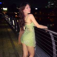 Load image into Gallery viewer, Fairycore Sexy Perspective Flower Print Dress Low Cut V Neck Sleeveless Lace Up Patchwork Women Vestido E Girl Streetwear