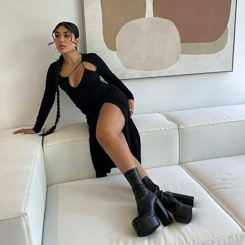 Fake Two Piece Commuter Sling Short Skirt High Waist Long Sleeve Split Mid-length Skirt Sexy Hollow Out Patchwork Women Dress