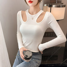 Load image into Gallery viewer, Fall 2021 New Hanging Neck Round Neck Hollow Long-sleeved T-shirt with Clavicle Bottoming Shirt with Slim Tops
