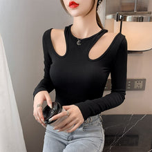 Load image into Gallery viewer, Fall 2021 New Hanging Neck Round Neck Hollow Long-sleeved T-shirt with Clavicle Bottoming Shirt with Slim Tops