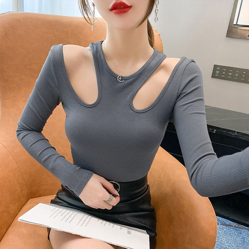 Fall 2021 New Hanging Neck Round Neck Hollow Long-sleeved T-shirt with Clavicle Bottoming Shirt with Slim Tops