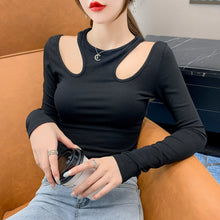 Load image into Gallery viewer, Fall 2021 New Hanging Neck Round Neck Hollow Long-sleeved T-shirt with Clavicle Bottoming Shirt with Slim Tops
