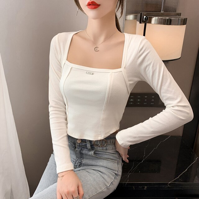 Fall 2021 New Irregular Hem Slim Long-sleeved Square Neck T-shirt Bottoming Shirt with Slim Top