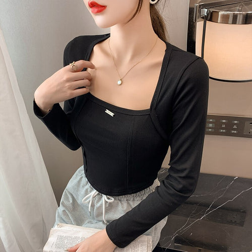 Fall 2021 New Irregular Hem Slim Long-sleeved Square Neck T-shirt Bottoming Shirt with Slim Top