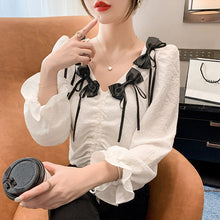 Load image into Gallery viewer, Fall 2021 V-neck Bubble Long-sleeved Bow Shirt Blouse with Lace-up Waist Slimming and Thin Temperament Blouses