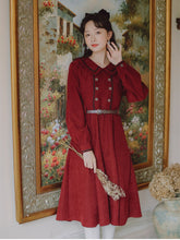 Load image into Gallery viewer, Fall 2021 Women French European American Retro Dress Hot Sale Doll Collar Dress Beaded Buttons Design Sense Literary Midi Dress