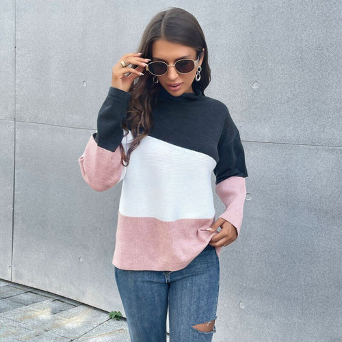 Fall 2021 Women's Knitted Color Block Half High Neck Vintage Sweater Long Sleeve Sweater Fall 2021 Women Clothing