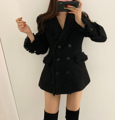 Fall Clothes For Women 2 Piece Outfits Fashion Set Female Chic Retro Double-breasted Furry Thicken Coat Tweed Coat Skirt OL Set