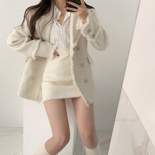 Fall Clothes For Women 2 Piece Outfits Fashion Set Female Chic Retro Double-breasted Furry Thicken Coat Tweed Coat Skirt OL Set