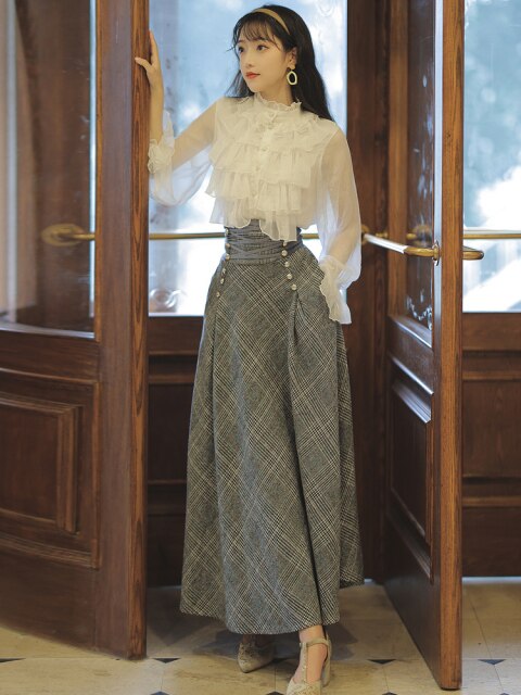 Fall Clothes For Women Suit Elegant Temperament French Irregular Ruffled Top Chiffon Female+Bandage Thin Retro Woolen Skirt Lady
