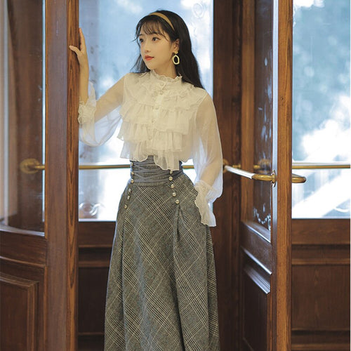 Fall Clothes For Women Suit Elegant Temperament French Irregular Ruffled Top Chiffon Female+Bandage Thin Retro Woolen Skirt Lady