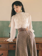 Load image into Gallery viewer, Fall Clothes For Women Suit Elegant Temperament French Irregular Ruffled Top Chiffon Female+Bandage Thin Retro Woolen Skirt Lady