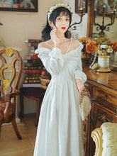 Load image into Gallery viewer, Fall French Retro White Pearl Jacquard Square Collar Long Sleeve Dresses Women Beaded V-shaped Design Strapless Sexy Maxi Dress