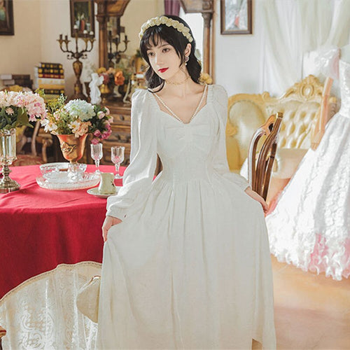 Fall French Retro White Pearl Jacquard Square Collar Long Sleeve Dresses Women Beaded V-shaped Design Strapless Sexy Maxi Dress